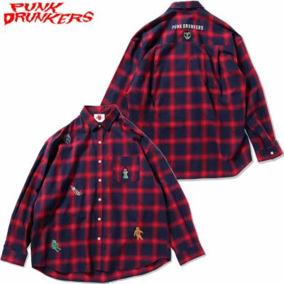 パンクドランカーズ PUNK DRUNKERS UMA刺繍シャツ(RED CHECK)