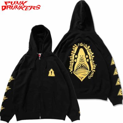パンクドランカーズ PUNK DRUNKERS 鮫人出没注意BIG.ZIPパーカ(BLACK)