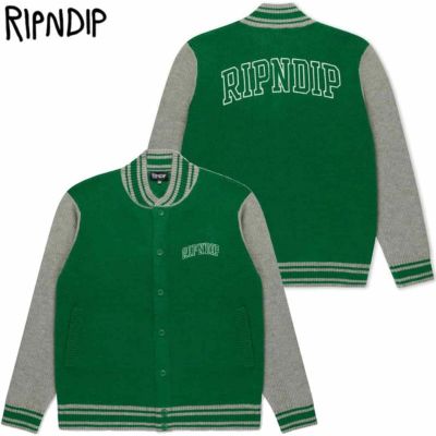 リップンディップ RIPNDIP TEAM SPIRIT KNITTED VARSITY CARDIGAN(GREEN/GRAY)